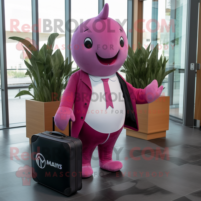 Magenta Narwhal mascot costume character dressed with a Jeans and Briefcases