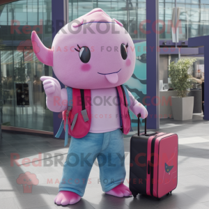 Magenta Narwhal mascot costume character dressed with a Jeans and Briefcases