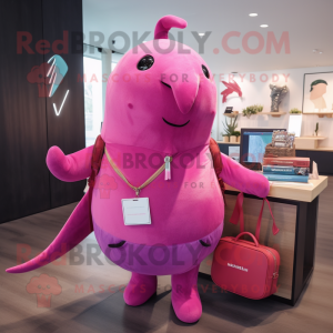 Magenta Narwhal mascot costume character dressed with a Jeans and Briefcases