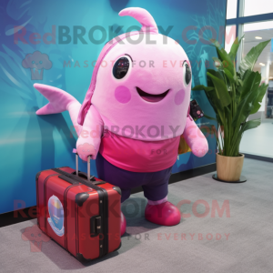 Magenta Narwhal mascot costume character dressed with a Jeans and Briefcases