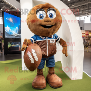 Brown Rugby Ball mascot costume character dressed with a Bootcut Jeans and Earrings