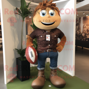 Brown Rugby Ball mascot costume character dressed with a Bootcut Jeans and Earrings