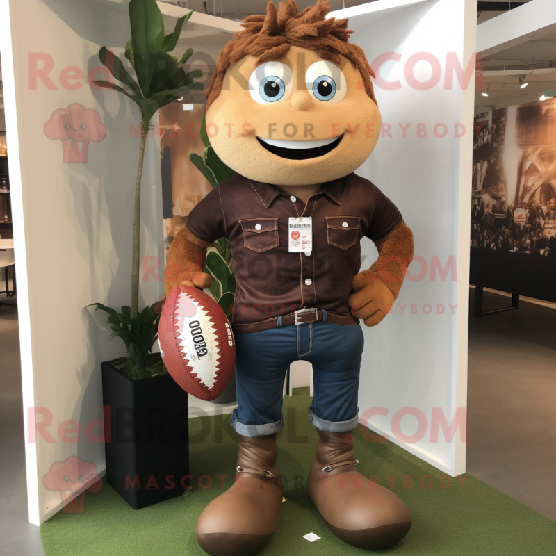 Brown Rugby Ball mascot costume character dressed with a Bootcut Jeans and Earrings Brown Rugby Ball mascot costume character dressed with a Bootcut Jeans and Earrings