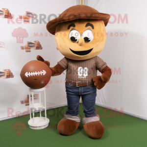 Brown Rugby Ball mascot costume character dressed with a Bootcut Jeans and Earrings