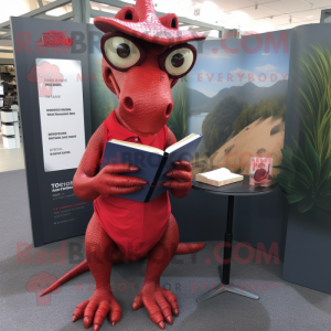 Red Parasaurolophus mascot costume character dressed with a Polo Tee and Reading glasses