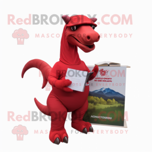 Red Parasaurolophus mascot costume character dressed with a Polo Tee and Reading glasses