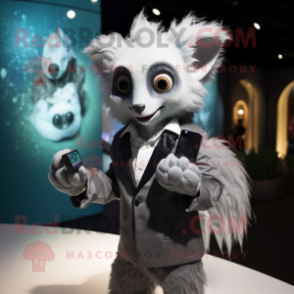 Silver Aye-Aye mascot costume character dressed with a Tuxedo and Smartwatches