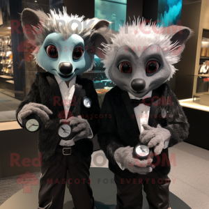 Silver Aye-Aye mascot costume character dressed with a Tuxedo and Smartwatches