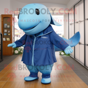 nan Blue Whale mascot costume character dressed with a Windbreaker and Suspenders