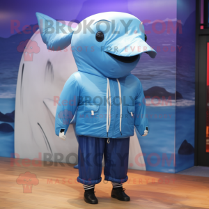 nan Blue Whale mascot costume character dressed with a Windbreaker and Suspenders