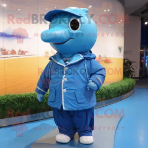 nan Blue Whale mascot costume character dressed with a Windbreaker and Suspenders