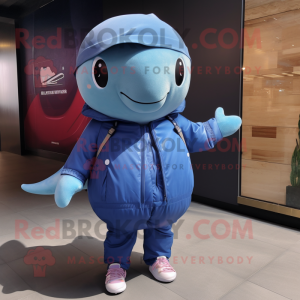 nan Blue Whale mascot costume character dressed with a Windbreaker and Suspenders