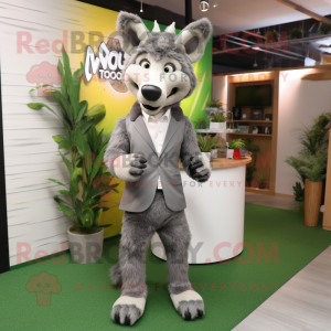 Gray Thylacosmilus mascot costume character dressed with a Suit Pants and Hairpins