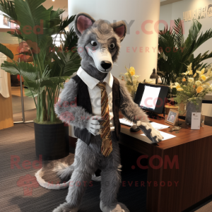 Gray Thylacosmilus mascot costume character dressed with a Suit Pants and Hairpins