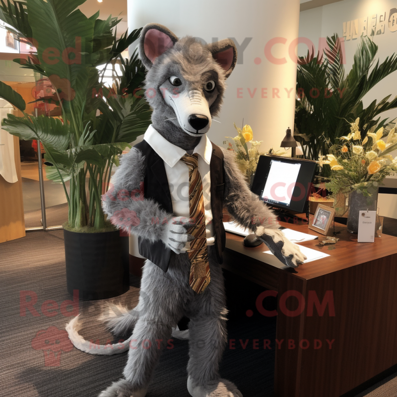 Gray Thylacosmilus mascot costume character dressed with a Suit Pants and Hairpins Gray Thylacosmilus mascot costume character dressed with a Suit Pants and Hairpins