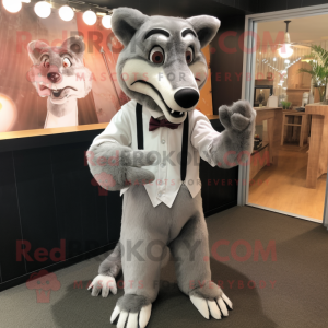 Gray Thylacosmilus mascot costume character dressed with a Suit Pants and Hairpins