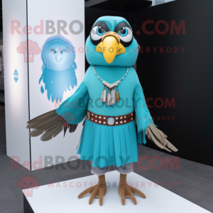 Turquoise Hawk mascot costume character dressed with a Sheath Dress and Hairpins