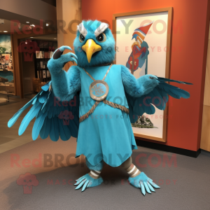 Turquoise Hawk mascot costume character dressed with a Sheath Dress and Hairpins