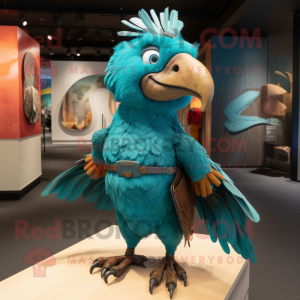 Turquoise Hawk mascot costume character dressed with a Sheath Dress and Hairpins