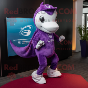 Purple Dolphin mascot costume character dressed with a Running Shorts and Lapel pins