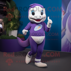 Purple Dolphin mascot costume character dressed with a Running Shorts and Lapel pins