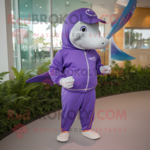 Purple Dolphin mascot costume character dressed with a Running Shorts and Lapel pins