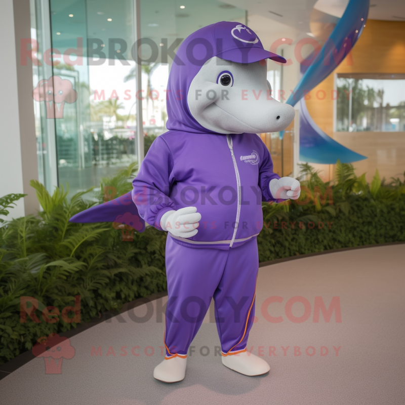 Purple Dolphin mascot costume character dressed with a Running Shorts and Lapel pins Purple Dolphin mascot costume character dressed with a Running Shorts and Lapel pins