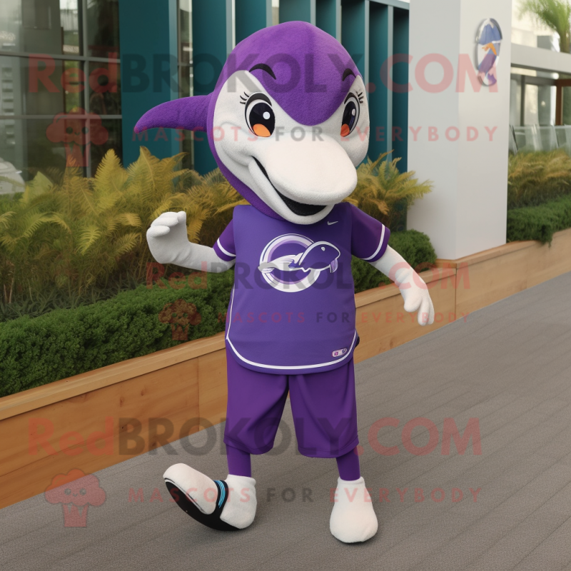Purple Dolphin mascot costume character dressed with a Running Shorts and Lapel pins Purple Dolphin mascot costume character dressed with a Running Shorts and Lapel pins