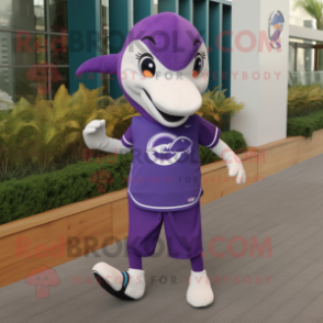 Purple Dolphin mascot costume character dressed with a Running Shorts and Lapel pins