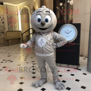 Silver Petanque Ball mascot costume character dressed with a Playsuit and Digital watches