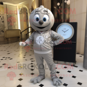 Silver Petanque Ball mascot costume character dressed with a Playsuit and Digital watches