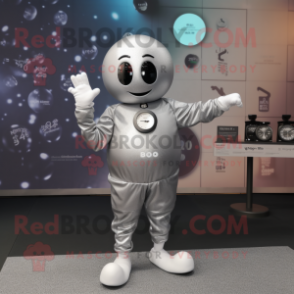 Silver Petanque Ball mascot costume character dressed with a Playsuit and Digital watches