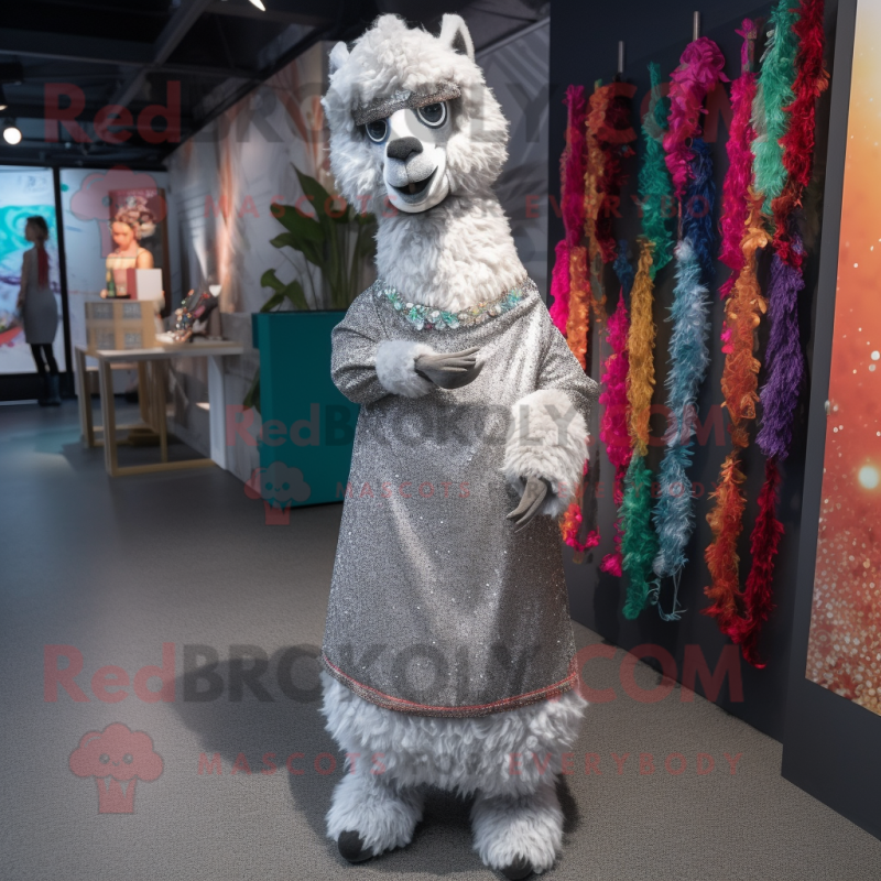 Silver Alpaca mascot costume character dressed with a Midi Dress and Anklets