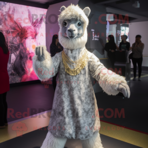 Silver Alpaca mascot costume character dressed with a Midi Dress and Anklets