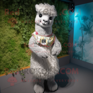 Silver Alpaca mascot costume character dressed with a Midi Dress and Anklets