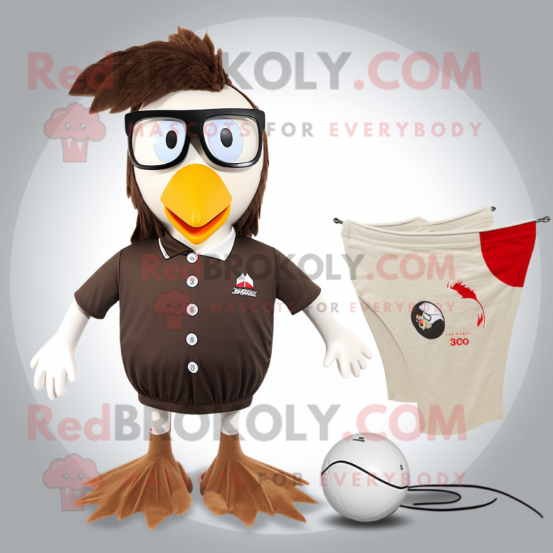 Brown Roosters mascot costume character dressed with a One-Piece Swimsuit and Ties Brown Roosters mascot costume character dressed with a One-Piece Swimsuit and Ties