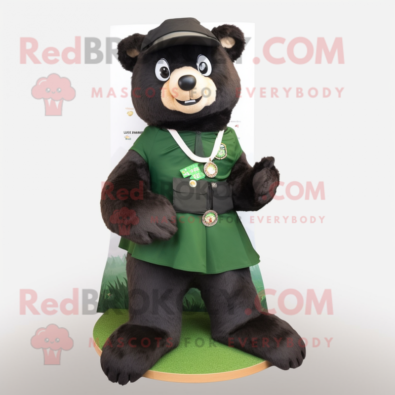 Olive Spectacled Bear mascot costume character dressed with a A-Line Skirt and Watches Olive Spectacled Bear mascot costume character dressed with a A-Line Skirt and Watches