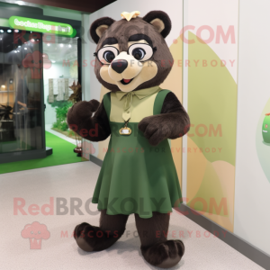 Olive Spectacled Bear mascot costume character dressed with a A-Line Skirt and Watches