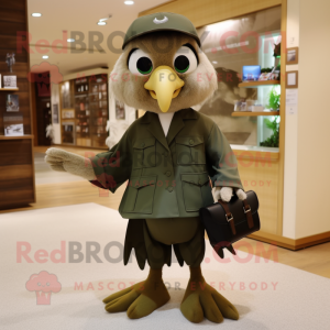 Olive Eagle mascot costume character dressed with a Shift Dress and Messenger bags