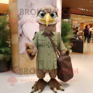 Olive Eagle mascot costume character dressed with a Shift Dress and Messenger bags