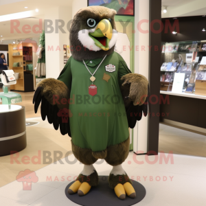 Olive Eagle mascot costume character dressed with a Shift Dress and Messenger bags