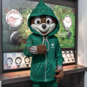 Forest Green Attorney mascot costume character dressed with a Hoodie and Bracelet watches
