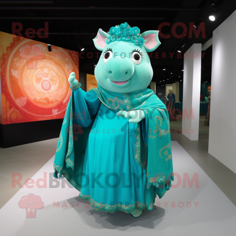 Turquoise Pig mascot costume character dressed with a A-Line Dress and Shawls