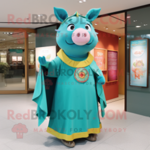 Turquoise Pig mascot costume character dressed with a A-Line Dress and Shawls