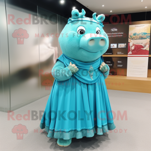 Turquoise Pig mascot costume character dressed with a A-Line Dress and Shawls