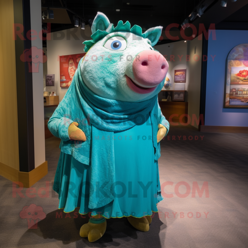 Turquoise Pig mascot costume character dressed with a A-Line Dress and Shawls