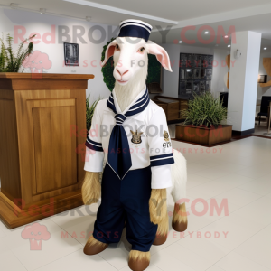 Navy Boer Goat mascot costume character dressed with a Polo Tee and Ties