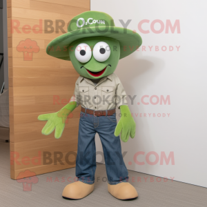 Olive Squid mascot costume character dressed with a Bootcut Jeans and Bracelet watches