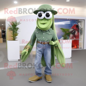 Olive Squid mascot costume character dressed with a Bootcut Jeans and Bracelet watches