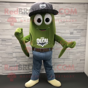 Olive Squid mascot costume character dressed with a Bootcut Jeans and Bracelet watches